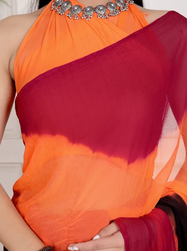 Orange_&_Black_Pure_Chiffon_Hand_Printed_Saree_|_With_Unstitched_Blouse_Piece