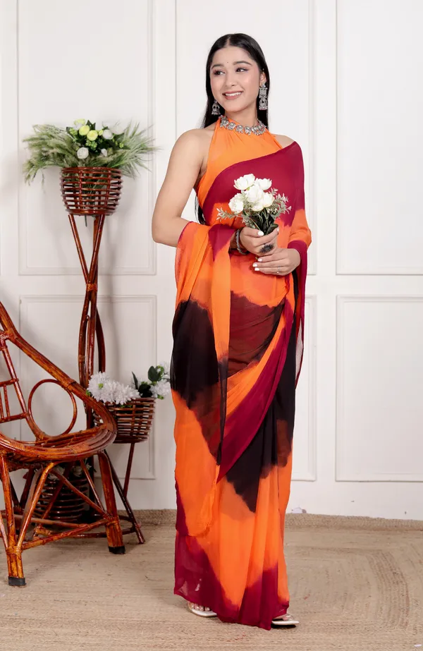 Orange_&_Black_Pure_Chiffon_Hand_Printed_Saree_|_With_Unstitched_Blouse_Piece