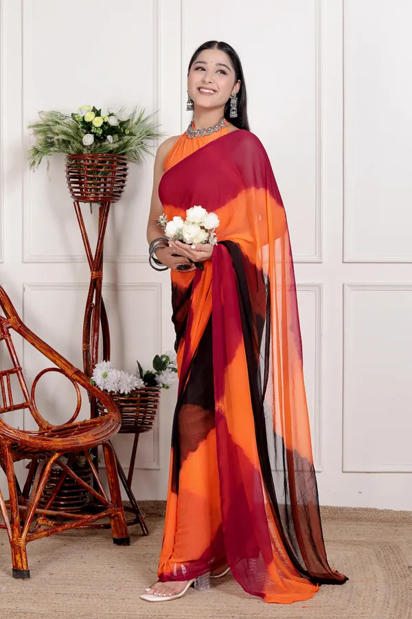 Orange_&_Black_Pure_Chiffon_Hand_Printed_Saree_|_With_Unstitched_Blouse_Piece