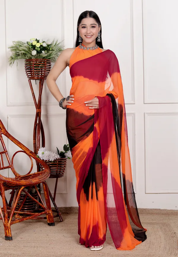 Orange_&_Black_Pure_Chiffon_Hand_Printed_Saree_|_With_Unstitched_Blouse_Piece