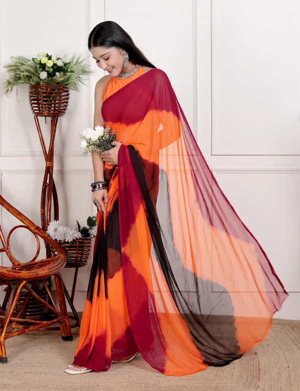 Orange_&_Black_Pure_Chiffon_Hand_Printed_Saree_|_With_Unstitched_Blouse_Piece