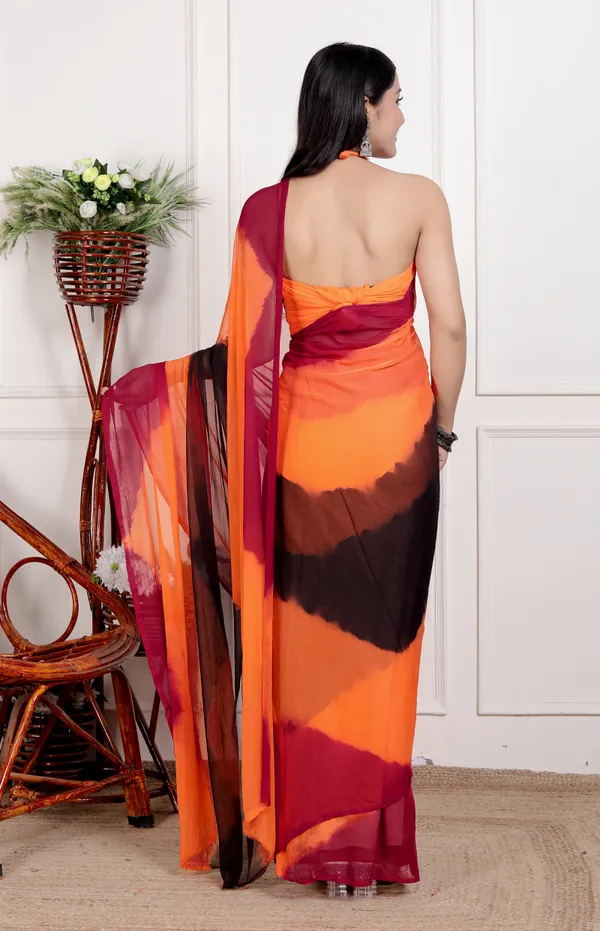 Orange_&_Black_Pure_Chiffon_Hand_Printed_Saree_|_With_Unstitched_Blouse_Piece