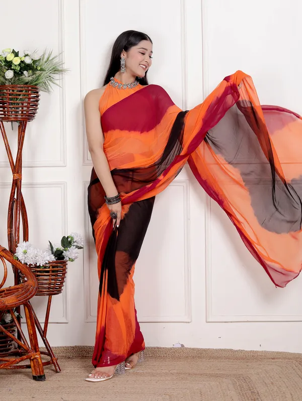 Orange_&_Black_Pure_Chiffon_Hand_Printed_Saree_|_With_Unstitched_Blouse_Piece