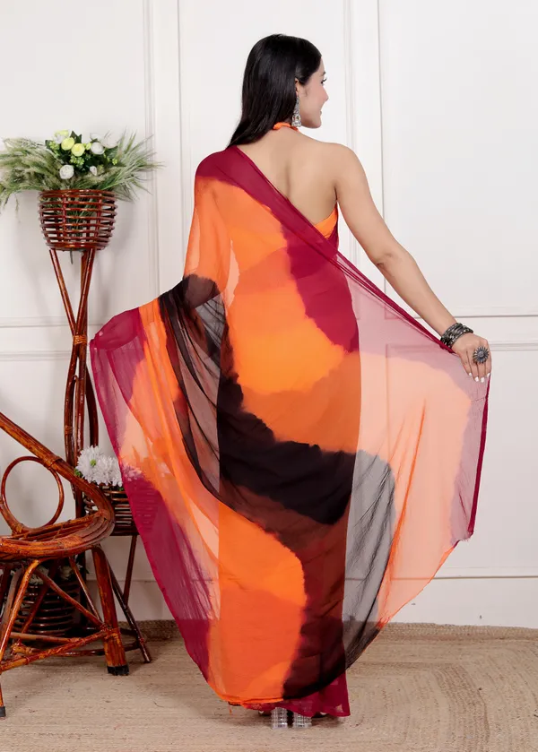 Orange_&_Black_Pure_Chiffon_Hand_Printed_Saree_|_With_Unstitched_Blouse_Piece