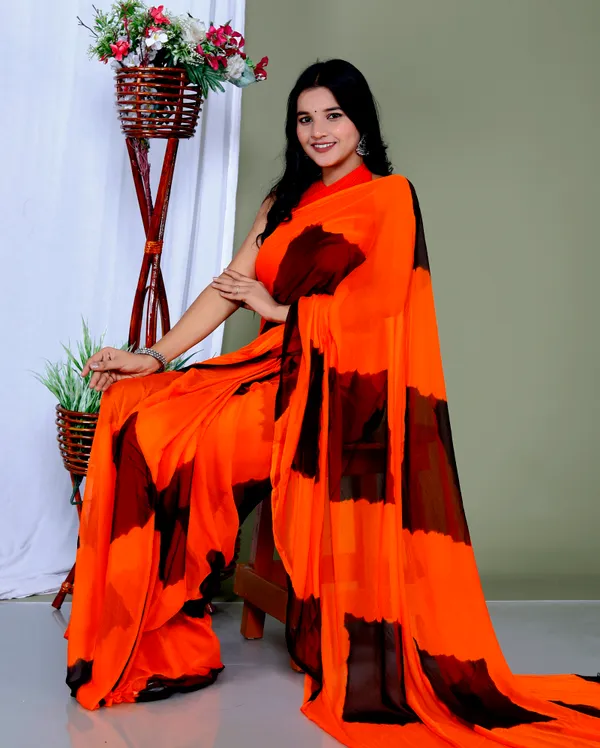 Sky_Blue_&_Orange_Pure_Chiffon_Hand_Printed_Saree_|_With_Unstitched_Blouse_Piece
