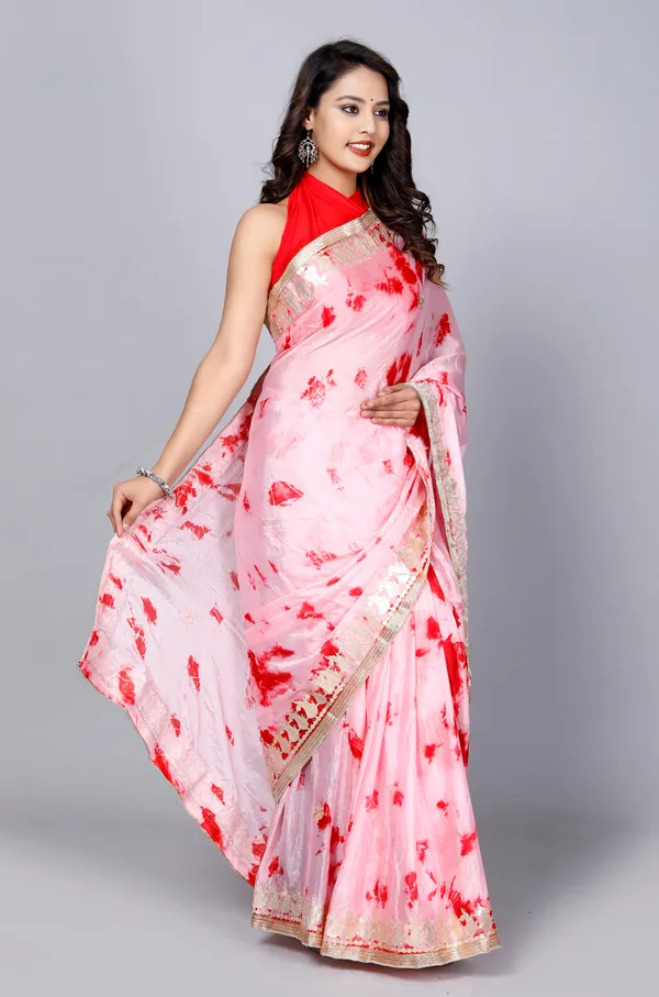 White_&_Red_Pure_Chiffon_Hand_Printed_Saree_|_With_Unstitched_Blouse_Piece