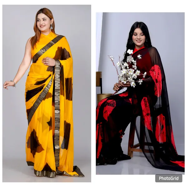 Black_&_Yellow_Pure_Chiffon_Hand_Printed_Saree_|_With_Unstitched_Blouse_Piece