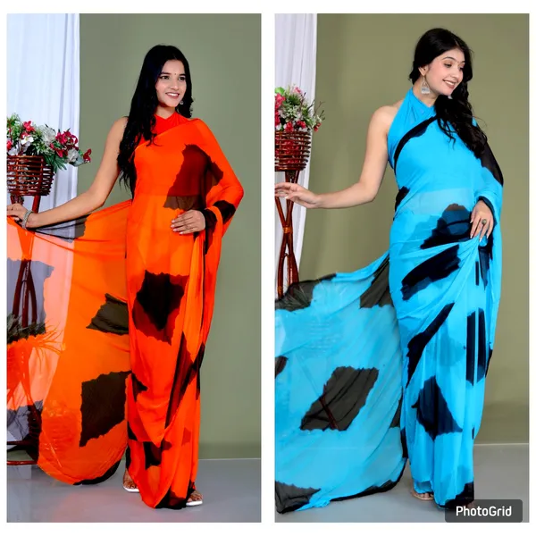 Sky_Blue_&_Orange_Pure_Chiffon_Hand_Printed_Saree_|_With_Unstitched_Blouse_Piece