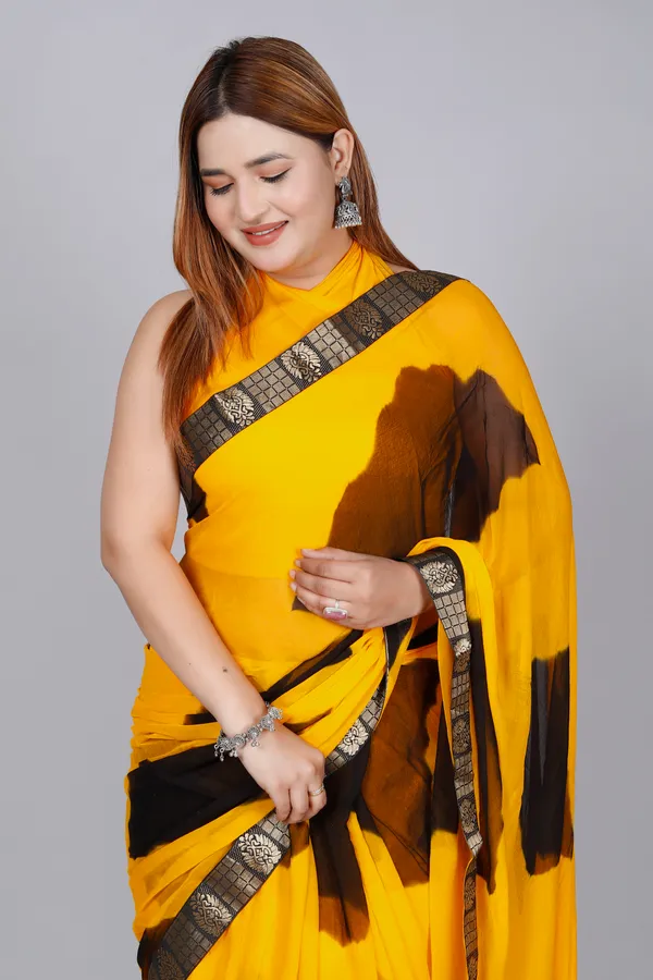 Black_&_Yellow_Pure_Chiffon_Hand_Printed_Saree_|_With_Unstitched_Blouse_Piece