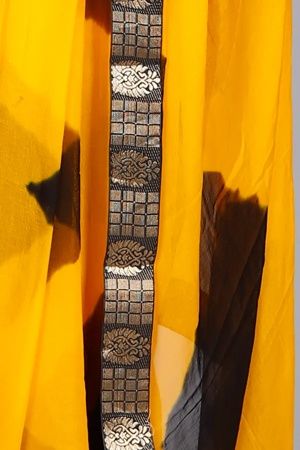 Black_&_Yellow_Pure_Chiffon_Hand_Printed_Saree_|_With_Unstitched_Blouse_Piece
