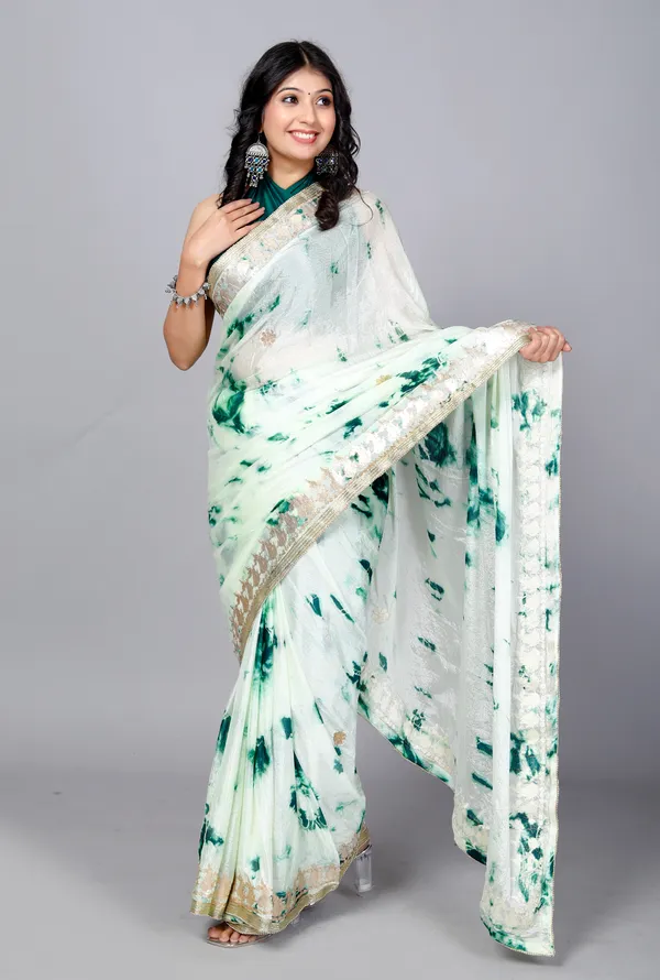 Green_Pure_Chiffon_Hand_Printed_Gotta_Patti_Saree_|_With_Unstitched_Blouse_Piece