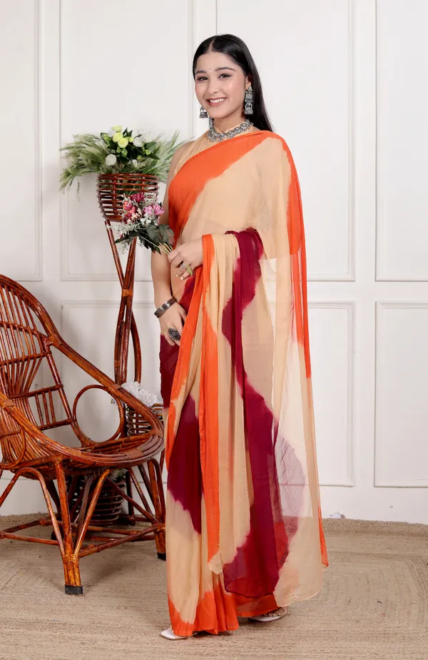 Cream_&_Orange_Pure_Chiffon_Hand_Printed_Saree_|_With_Unstitched_Blouse_Piece