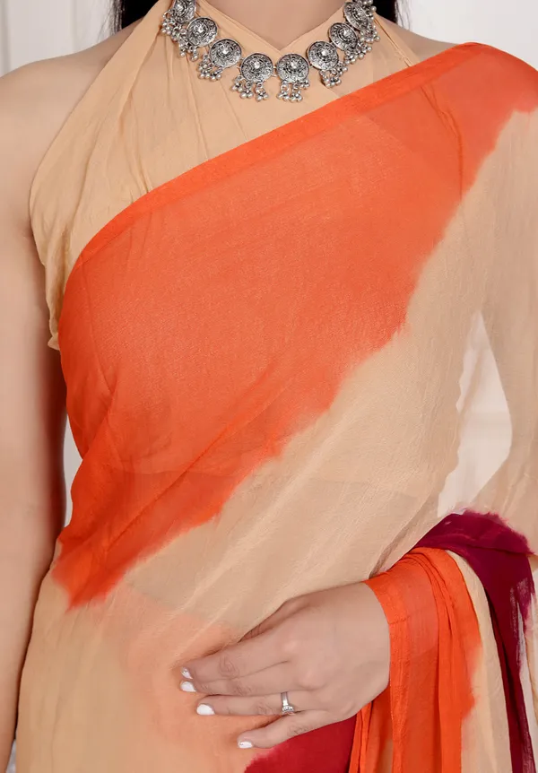 Cream_&_Orange_Pure_Chiffon_Hand_Printed_Saree_|_With_Unstitched_Blouse_Piece