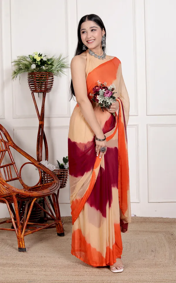 Cream_&_Orange_Pure_Chiffon_Hand_Printed_Saree_|_With_Unstitched_Blouse_Piece