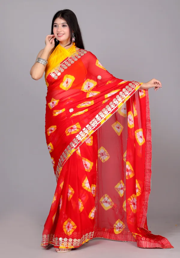 Red_Pure_Chiffon_Gotta_Patti_Bandhnai_Saree_|_With_Unstitched_Blouse_Piece