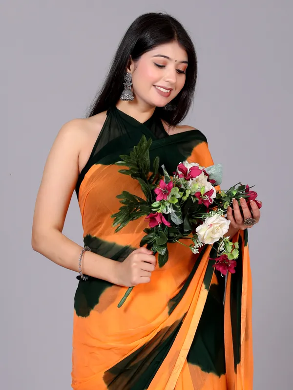 Green_&_Peach_Pure_Chiffon_Leheriya_Bollywood_Saree_|_With_Unstitched_Blouse_Piece