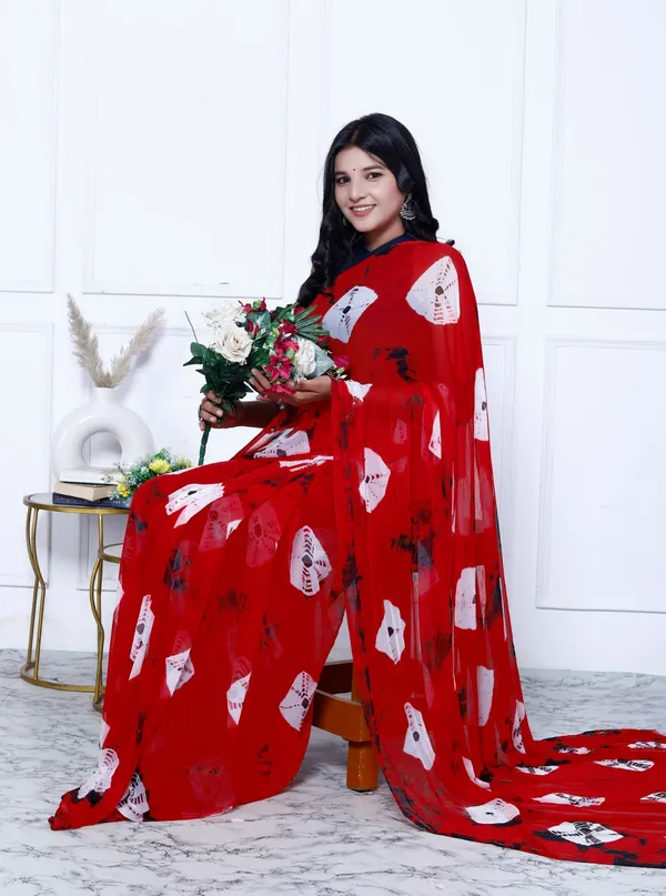Red_Pure_Chiffon_Hand_Printed_Saree_|_With_Unstitched_Blouse_Piece