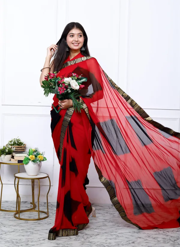 Black_&_Red_Pure_Chiffon_Hand_Printed_Saree_|_With_Unstitched_Blouse_Piece