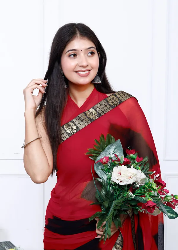 Black_&_Red_Pure_Chiffon_Hand_Printed_Saree_|_With_Unstitched_Blouse_Piece