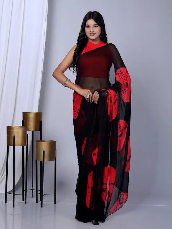 Black_&_Red_Pure_Chiffon_Hand_Printed_Saree_|_With_Unstitched_Blouse_Piece