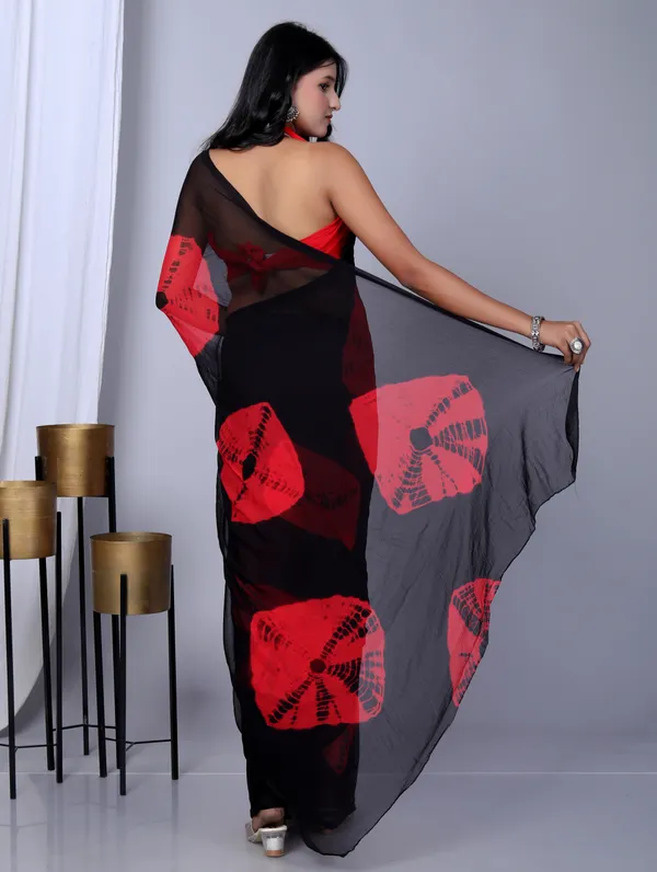 Black_&_Red_Pure_Chiffon_Hand_Printed_Saree_|_With_Unstitched_Blouse_Piece