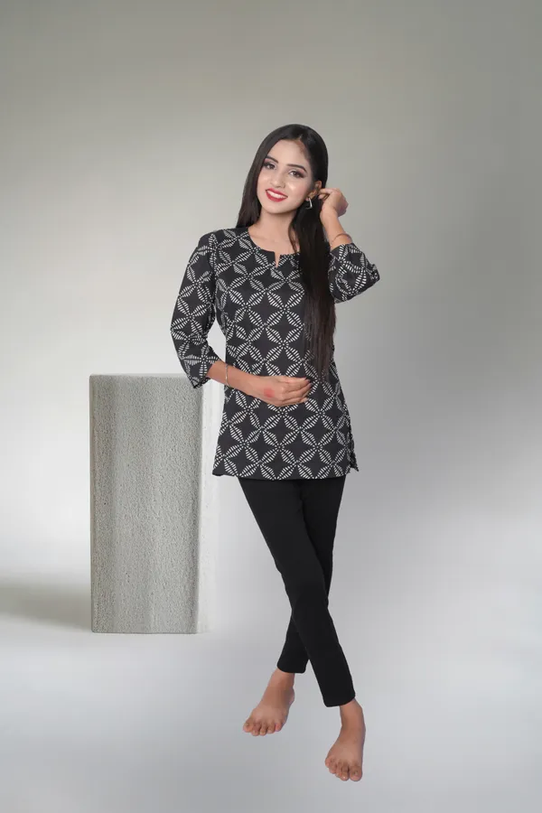 Black_Cotton_Hand_Block_Printed_Short_Kurti_For_Women