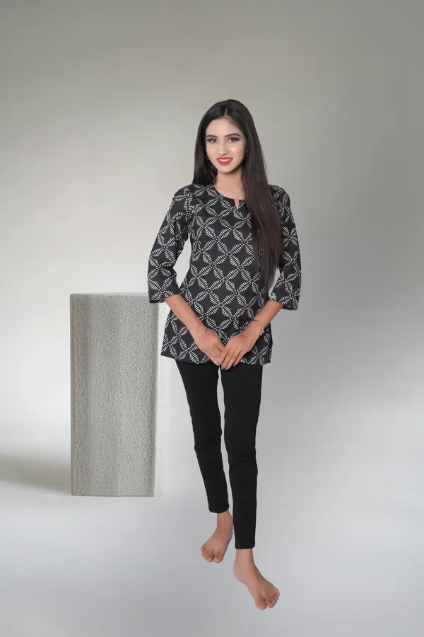 Black_Cotton_Hand_Block_Printed_Short_Kurti_For_Women