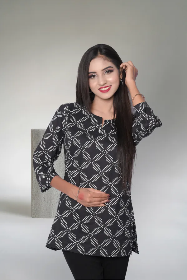 Black_Cotton_Hand_Block_Printed_Short_Kurti_For_Women