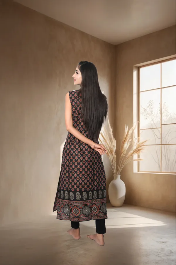 Black_Floral_Printed_Straight_Cotton_Stitched_Kurta_For_Women