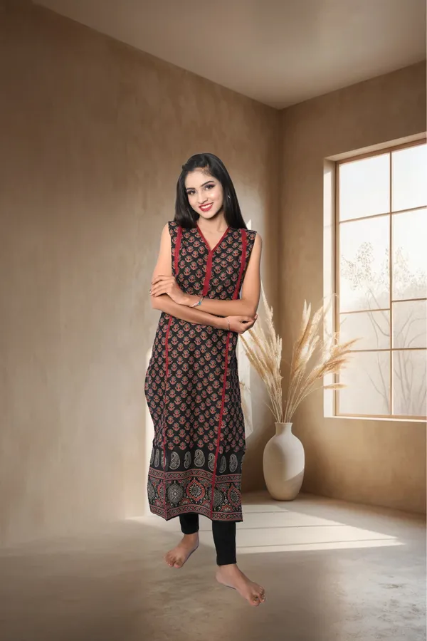 Black_Floral_Printed_Straight_Cotton_Stitched_Kurta_For_Women