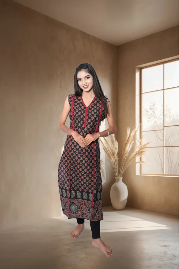 Black_Floral_Printed_Straight_Cotton_Stitched_Kurta_For_Women
