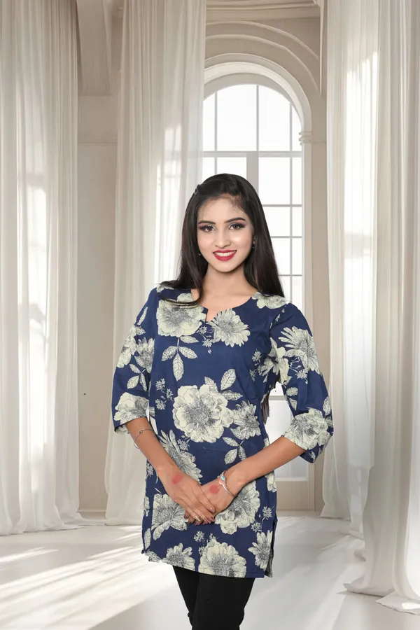 Blue_Trending_Printed_Cotton_Short_Kurta_For_Women