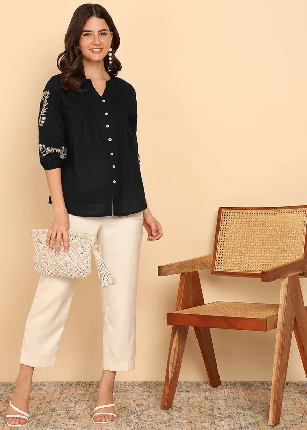 Black_Solid_Fit_And_Flare_Cotton_Stitched_Top_For_Women