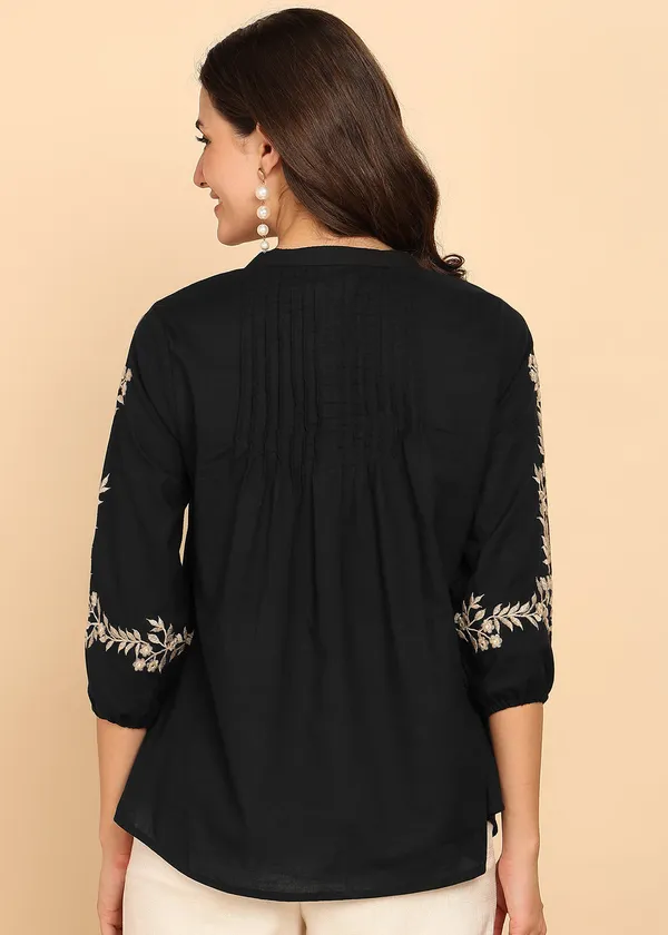Black_Solid_Fit_And_Flare_Cotton_Stitched_Top_For_Women