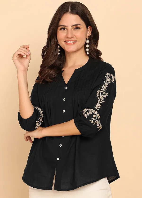 Black_Solid_Fit_And_Flare_Cotton_Stitched_Top_For_Women