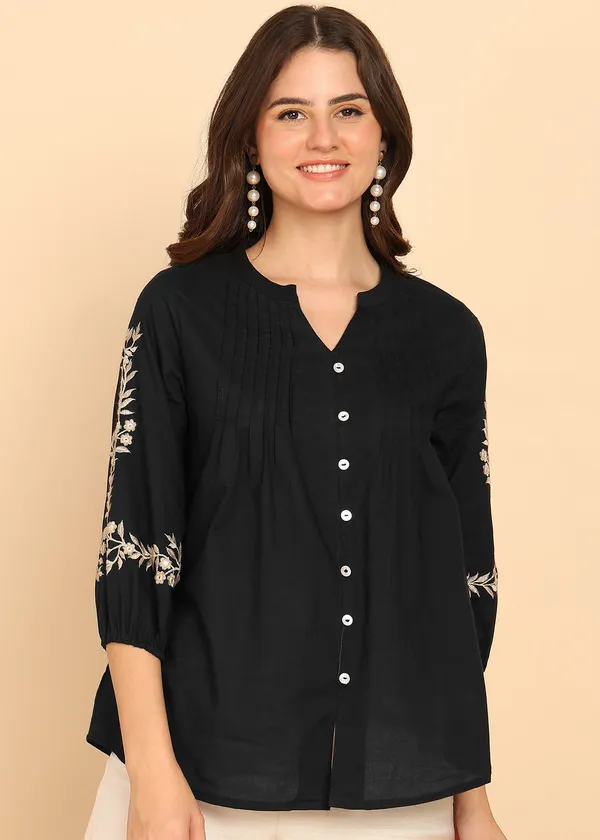 Black_Solid_Fit_And_Flare_Cotton_Stitched_Top_For_Women