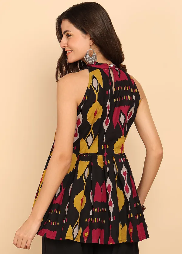 Black_Geometric_Printed_Fit_And_Flare_Cotton_Stitched_Tunic_For_Women