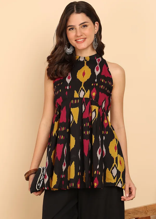 Black_Geometric_Printed_Fit_And_Flare_Cotton_Stitched_Tunic_For_Women