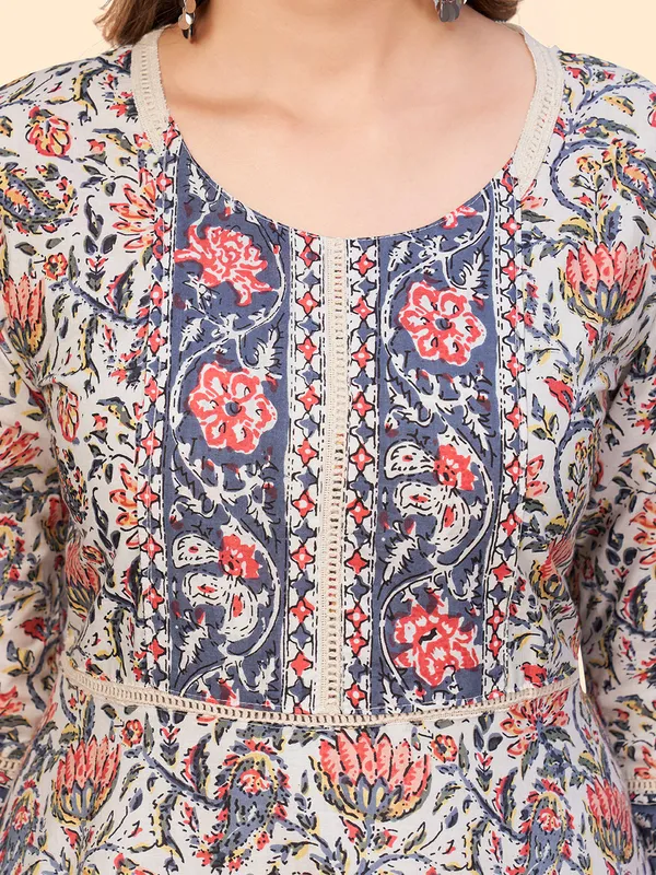 Beige_Floral_Print_Flared_Cotton_Dress_For_Women