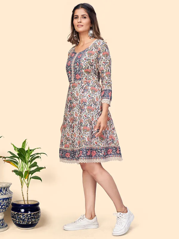 Beige_Floral_Print_Flared_Cotton_Dress_For_Women