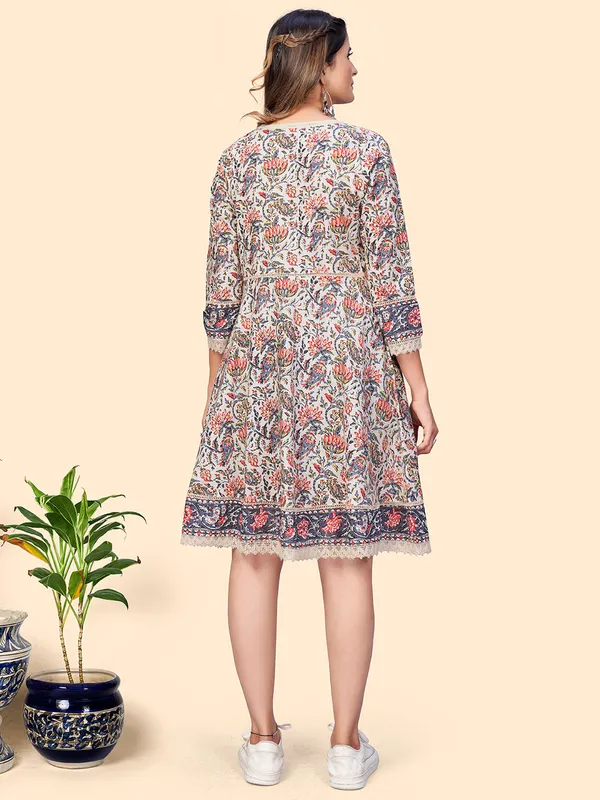 Beige_Floral_Print_Flared_Cotton_Dress_For_Women