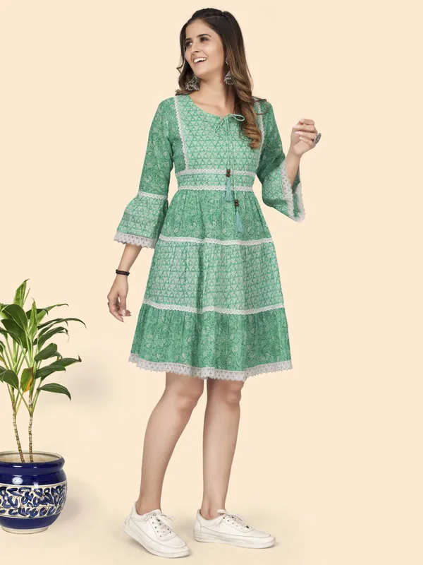 Turquoise_Printed_Flared_Cotton_Dress_For_Women