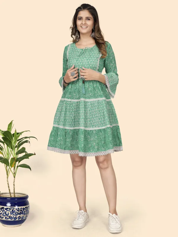 Turquoise_Printed_Flared_Cotton_Dress_For_Women