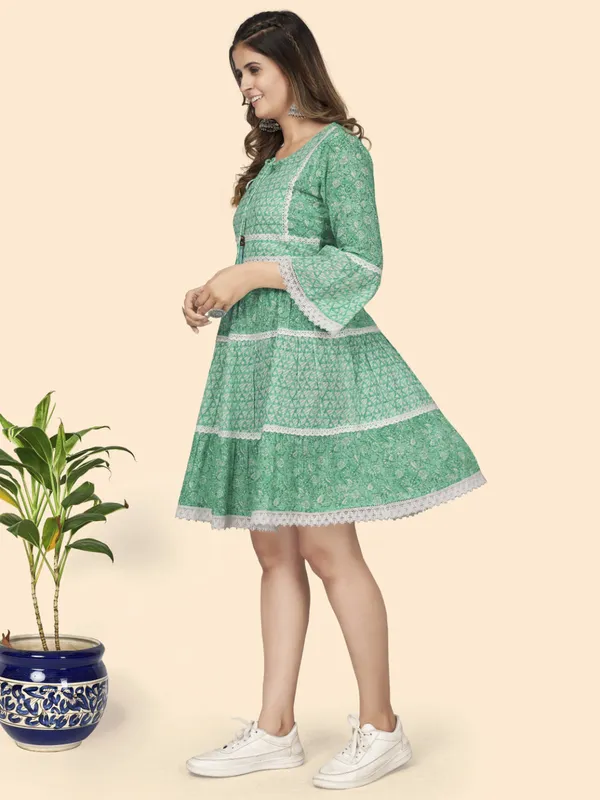 Turquoise_Printed_Flared_Cotton_Dress_For_Women