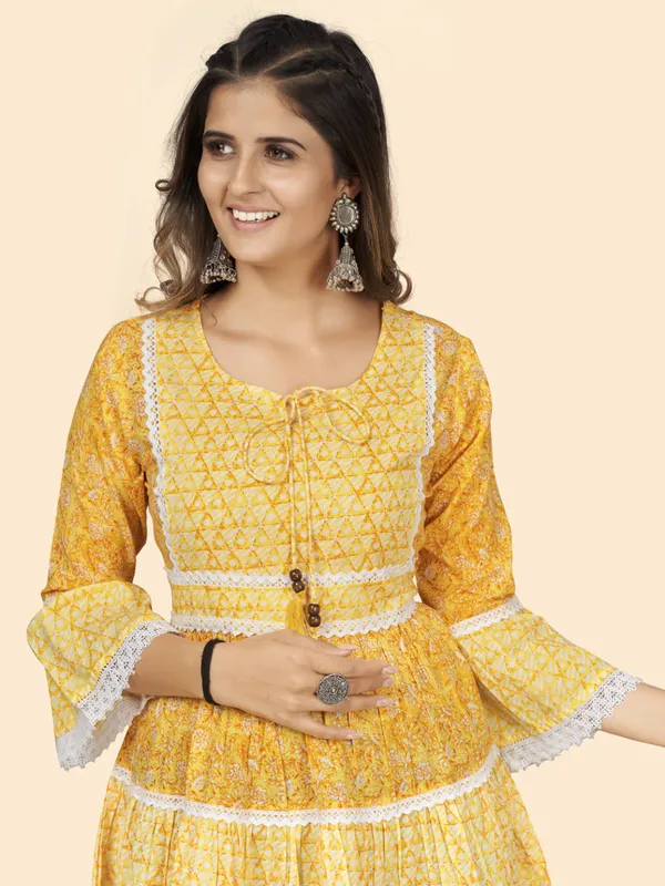 Yellow_Print_&_Lace_Work_Flared_Cotton_Dress_For_Women