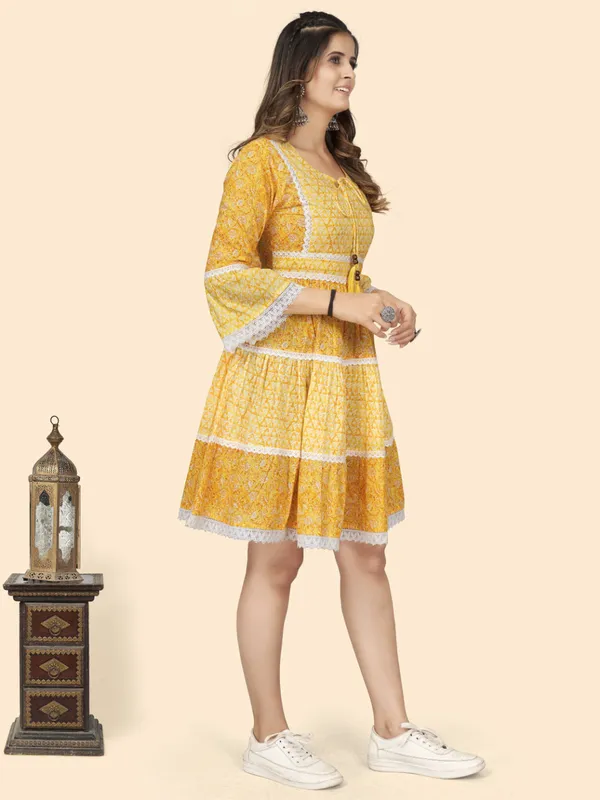 Yellow_Print_&_Lace_Work_Flared_Cotton_Dress_For_Women