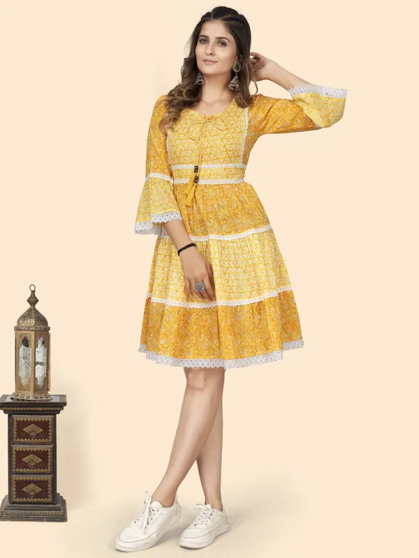 Yellow_Print_&_Lace_Work_Flared_Cotton_Dress_For_Women