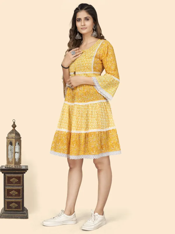 Yellow_Print_&_Lace_Work_Flared_Cotton_Dress_For_Women