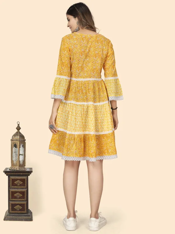 Yellow_Print_&_Lace_Work_Flared_Cotton_Dress_For_Women