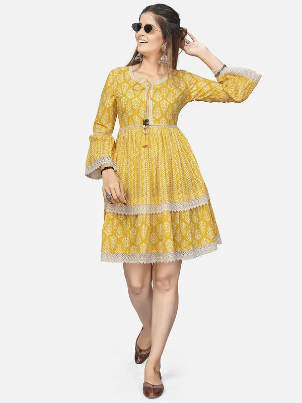 Yellow_Embroidered_Flared_Cotton_Dress_For_Women